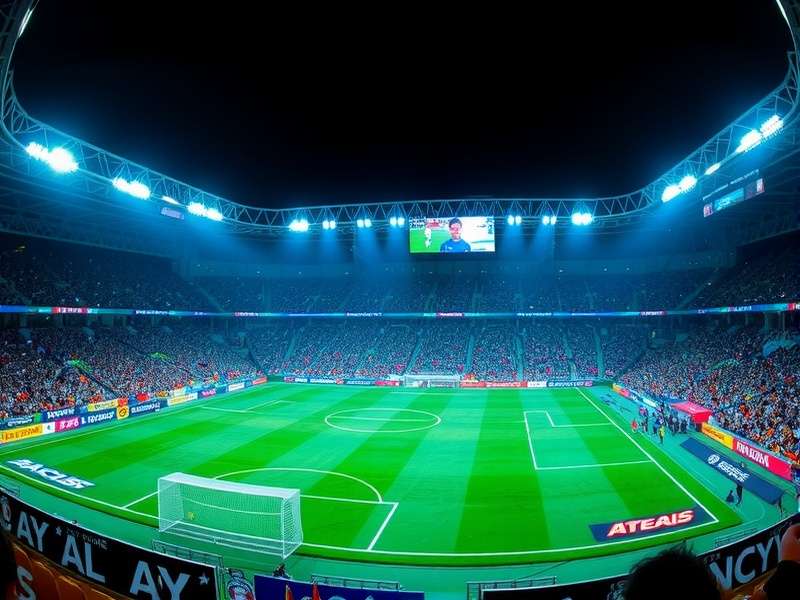 Massive US stadium packed with football fans waving flags during a World Cup match