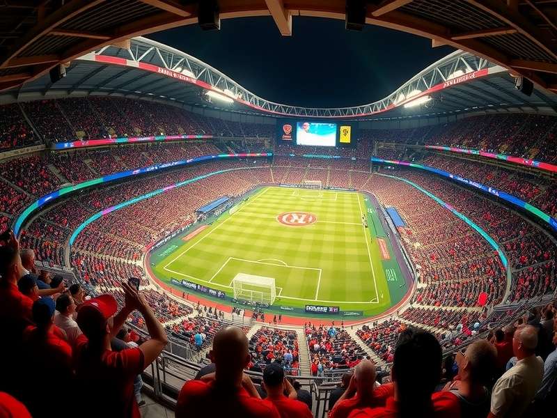Mercedes-Benz Stadium in Atlanta illuminated at night, ready for FIFA World Cup 2026 matches