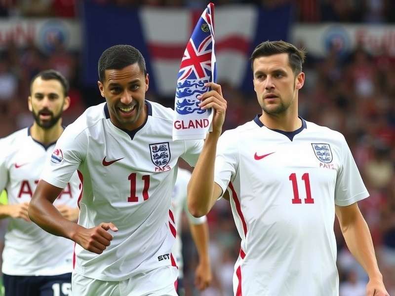 England football fans celebrating at a World Cup match with flags and scarves