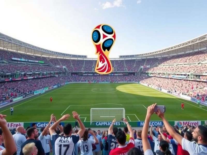 Football fans holding up tickets and flags at a stadium entrance